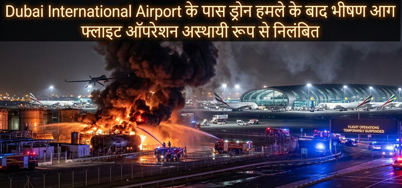 दुबई एयरपोर्ट के पास संदिग्ध ड्रोन हमले से ईंधन डिपो में भीषण आग। उड़ानें अस्थायी रूप से निलंबित और सुरक्षा हाई अलर्ट पर। पूरी रिपोर्ट यहाँ।