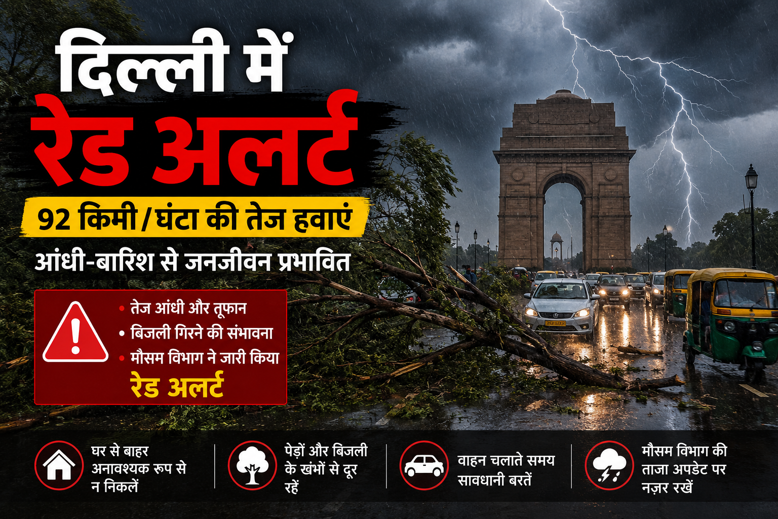 दिल्ली में रेड अलर्ट: 92 किमी/घंटा की तेज हवाओं ने मचाया कहर