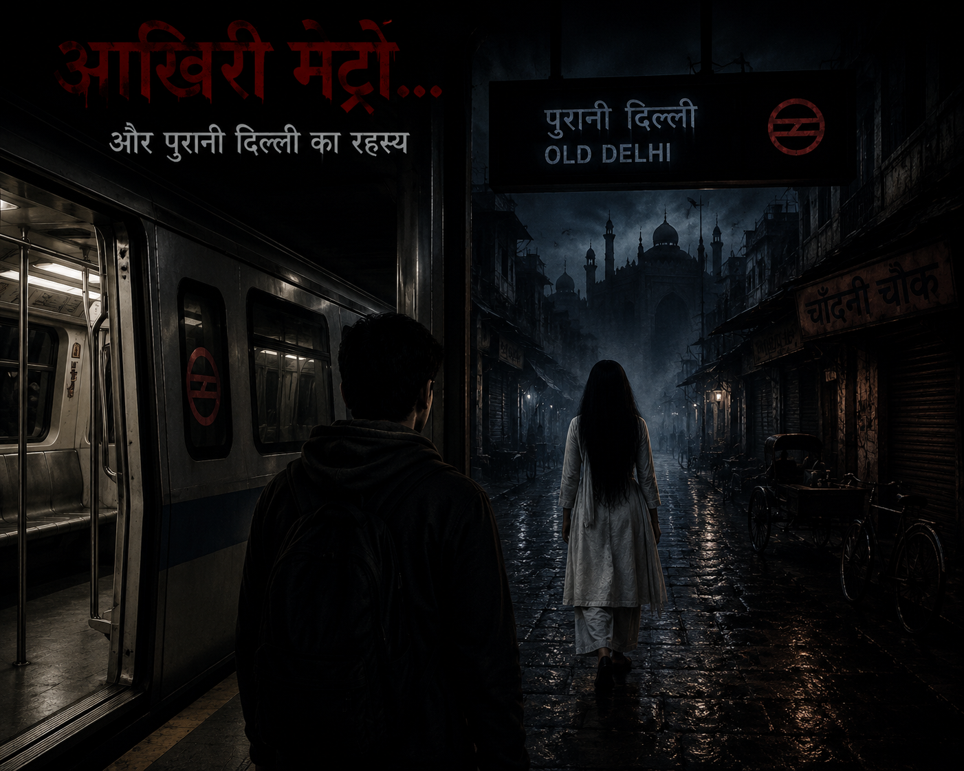 आखिरी दिल्ली मेट्रो और पुरानी दिल्ली की सुनसान गलियों में सफेद कपड़ों में चलती रहस्यमयी महिला का हॉरर चित्र।