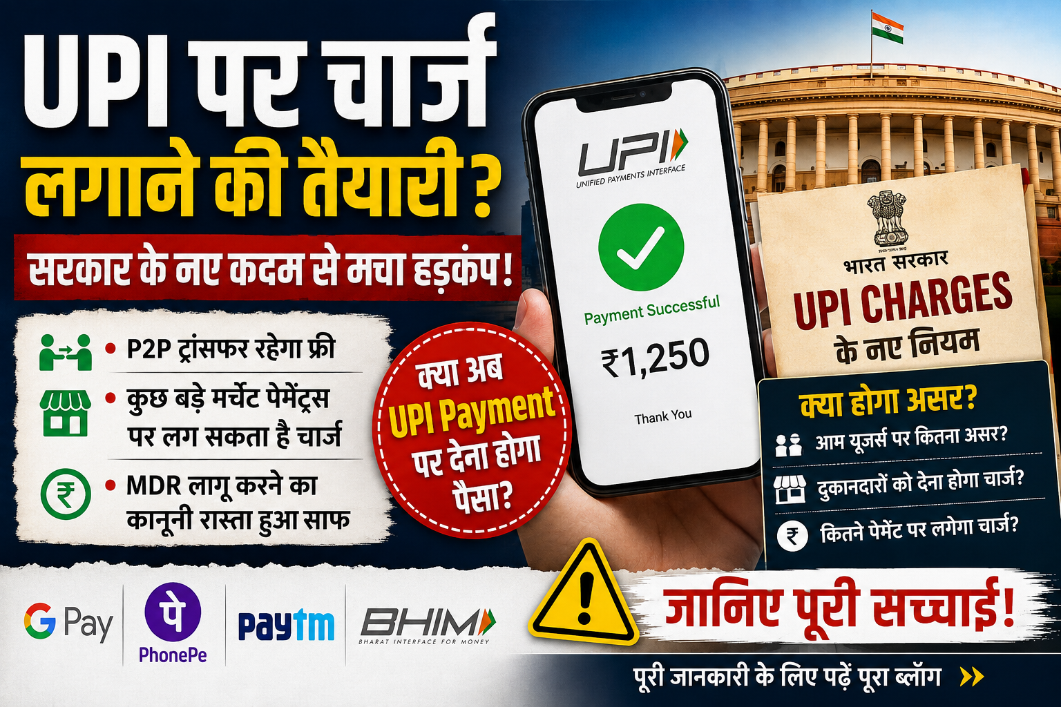 UPI Charges 2026 पर सरकार के नए कदम और संभावित UPI payment charges को दर्शाती फीचर इमेज।