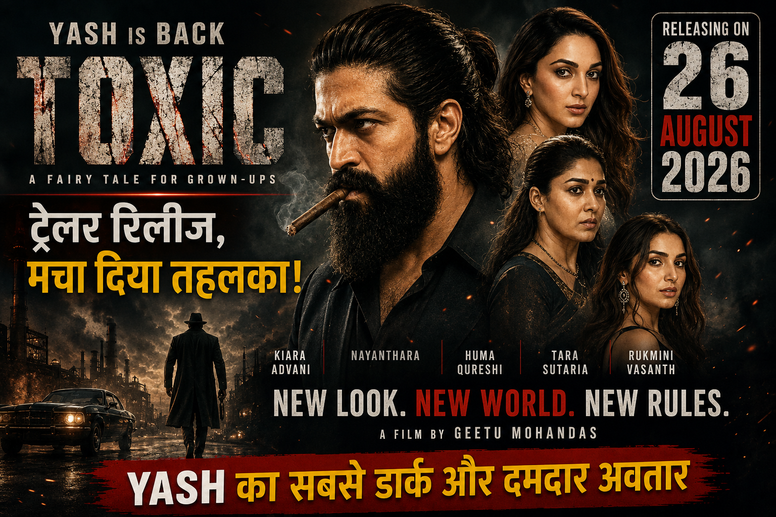 Toxic Movie 2026 feature image showing Yash in a dramatic action avatar with the film’s release date and cast details.