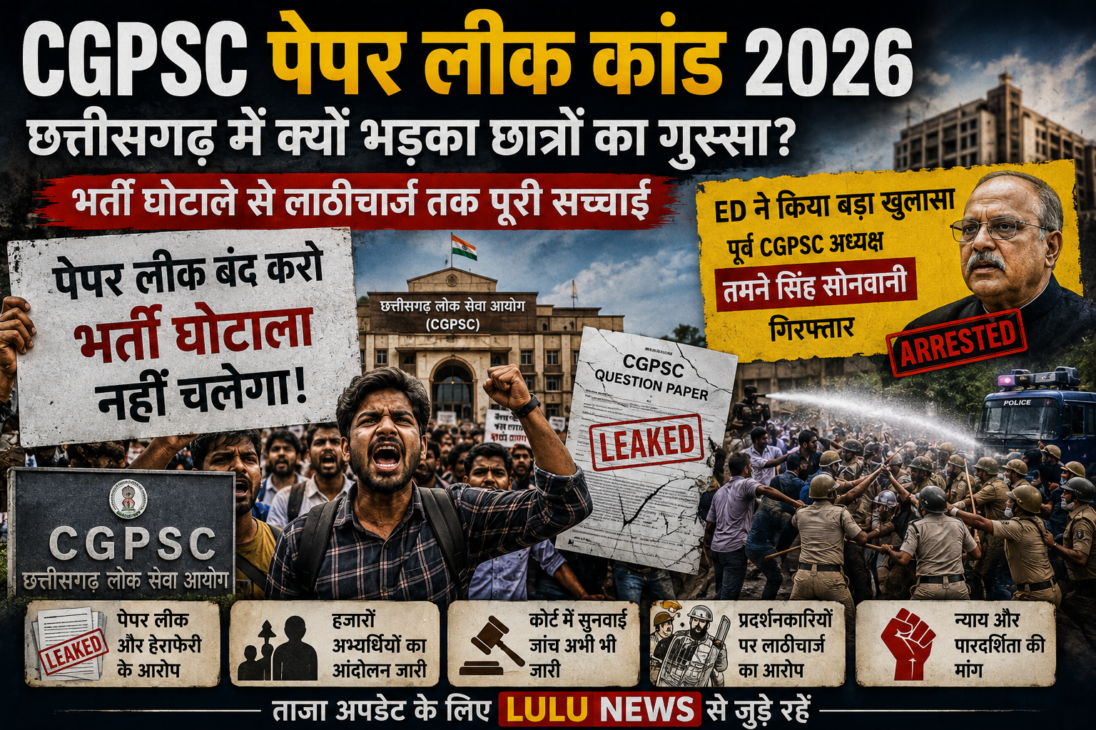 CGPSC Paper Leak 2026 को लेकर छत्तीसगढ़ में छात्रों का विरोध, पेपर लीक विवाद और भर्ती घोटाले की जांच दर्शाती न्यूज इमेज।