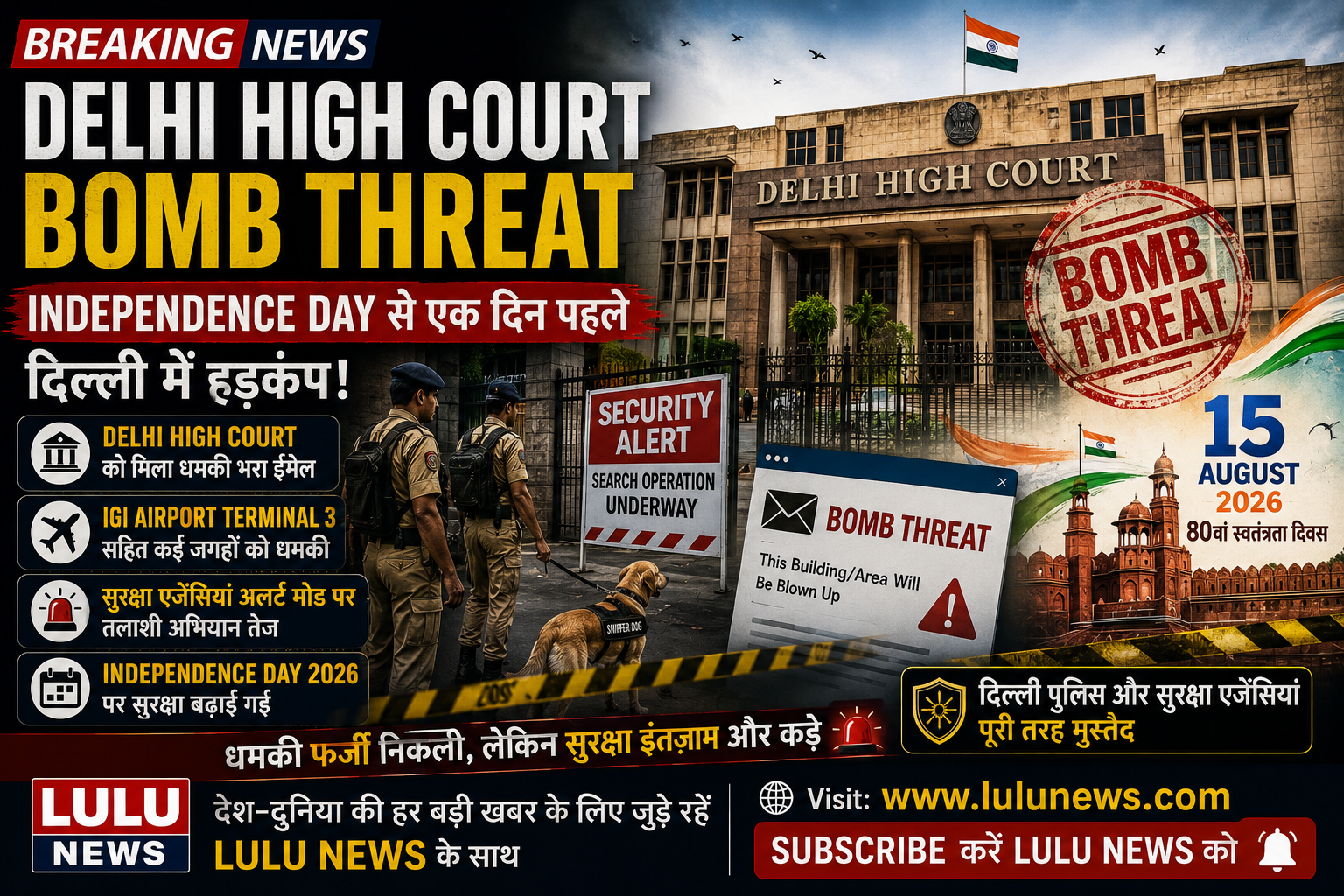 Delhi High Court Bomb Threat 2026 को लेकर Independence Day से पहले दिल्ली में बढ़ी सुरक्षा और जांच अभियान की न्यूज इमेज।