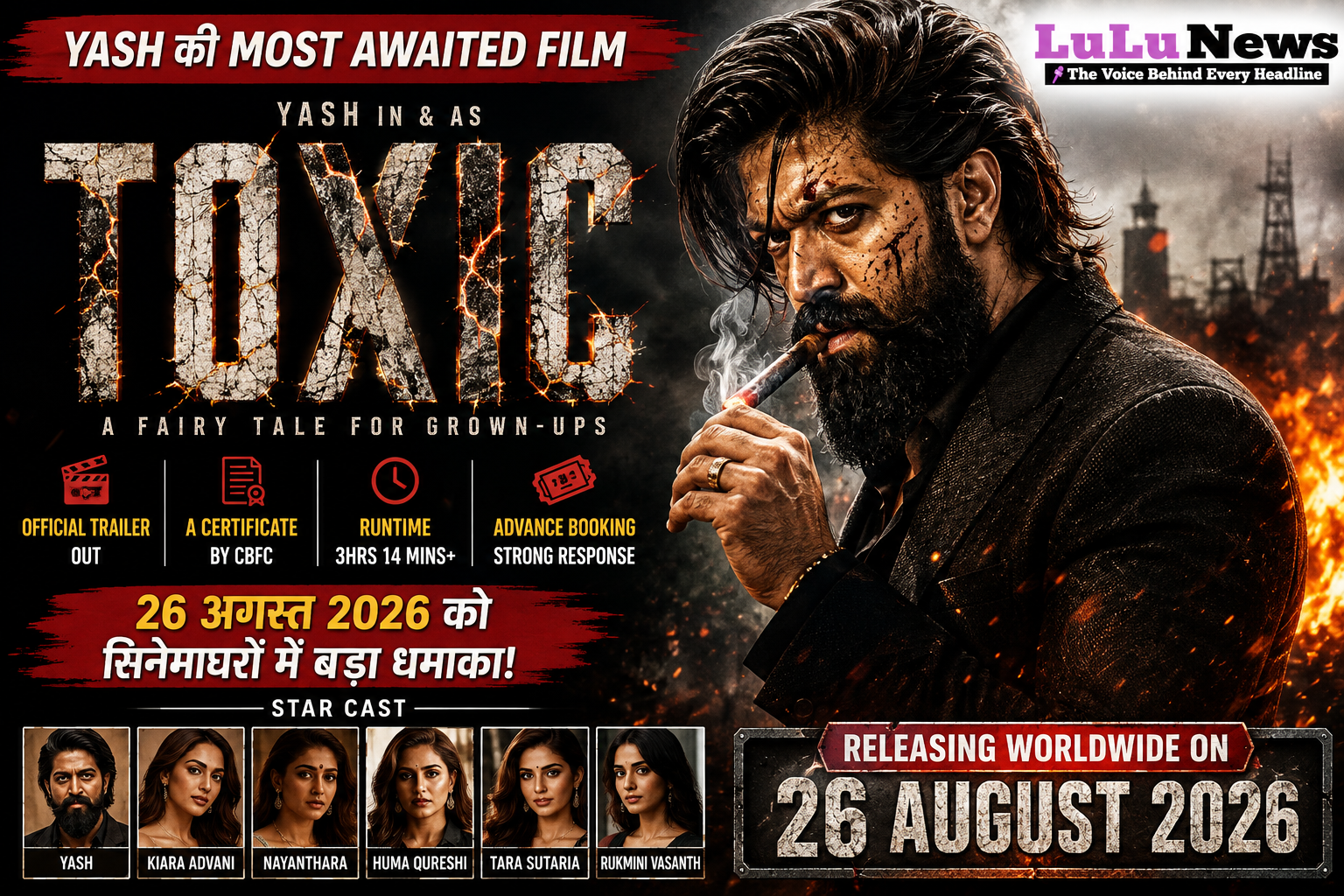 Toxic Movie 2026 poster featuring Yash with the 26 August 2026 release date and star cast