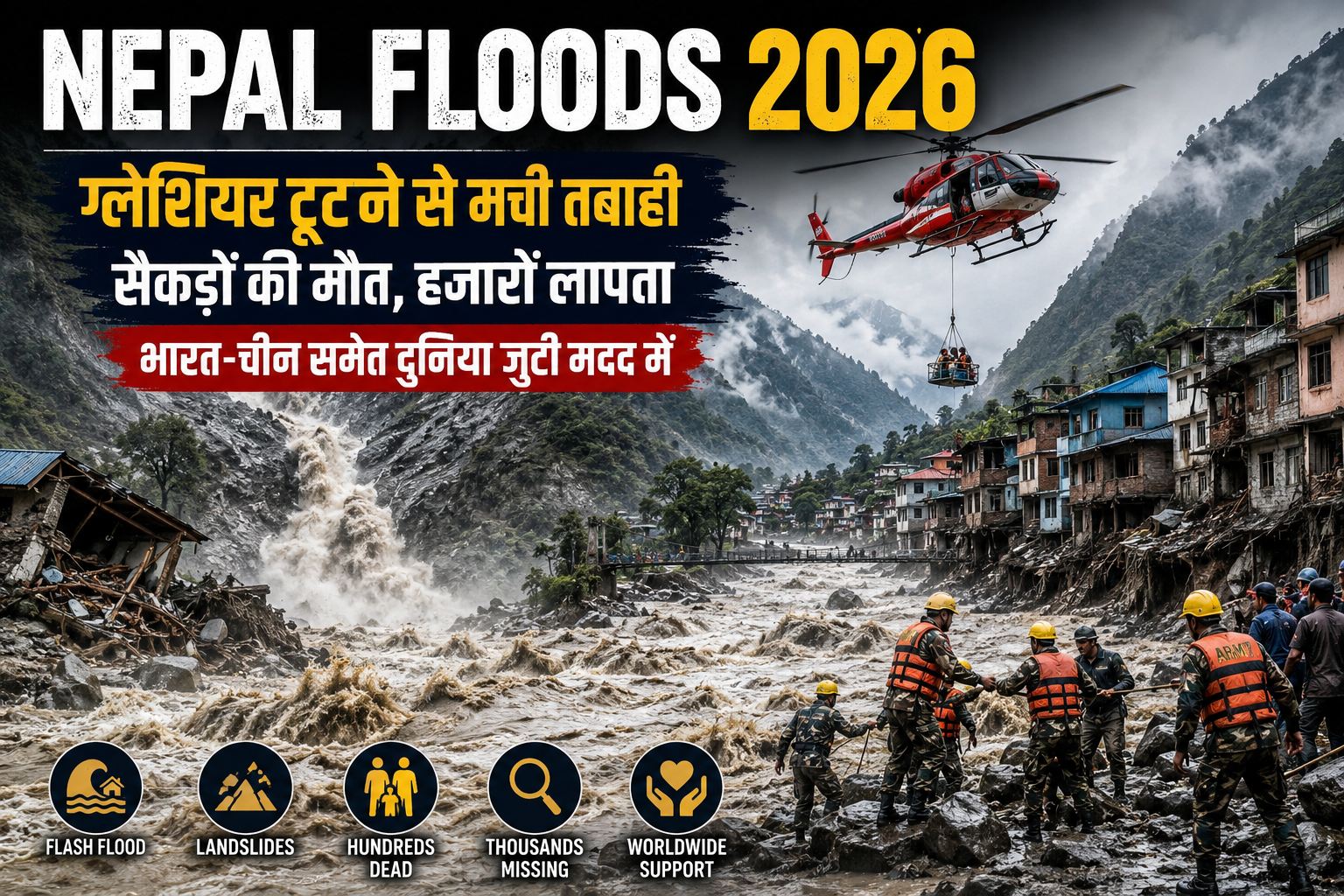 Nepal Floods 2026 में ग्लेशियर टूटने के बाद आई फ्लैश फ्लड, landslides और rescue operation का दृश्य