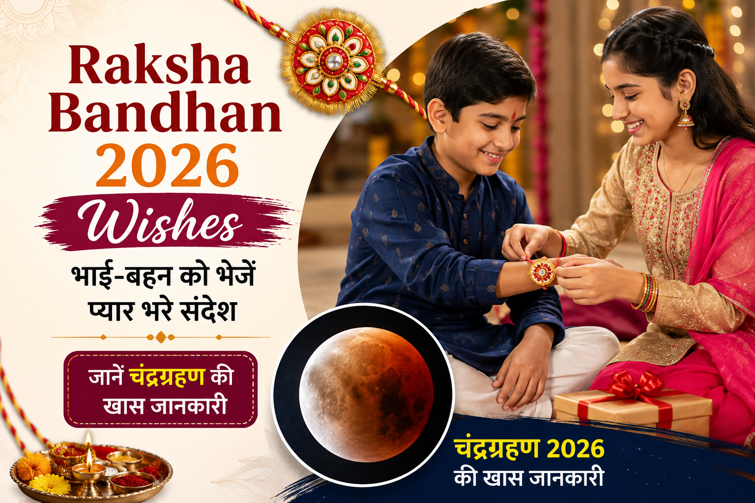 Raksha Bandhan 2026 wishes के साथ भाई की कलाई पर राखी बांधती बहन और चंद्रग्रहण की तस्वीर