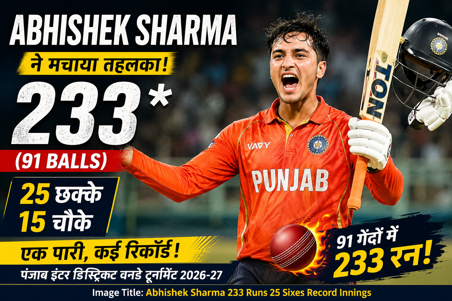 Abhishek Sharma celebrates after scoring 233 runs in 91 balls with 25 sixes during the Punjab Inter-District One-Day Tournament 2026-27