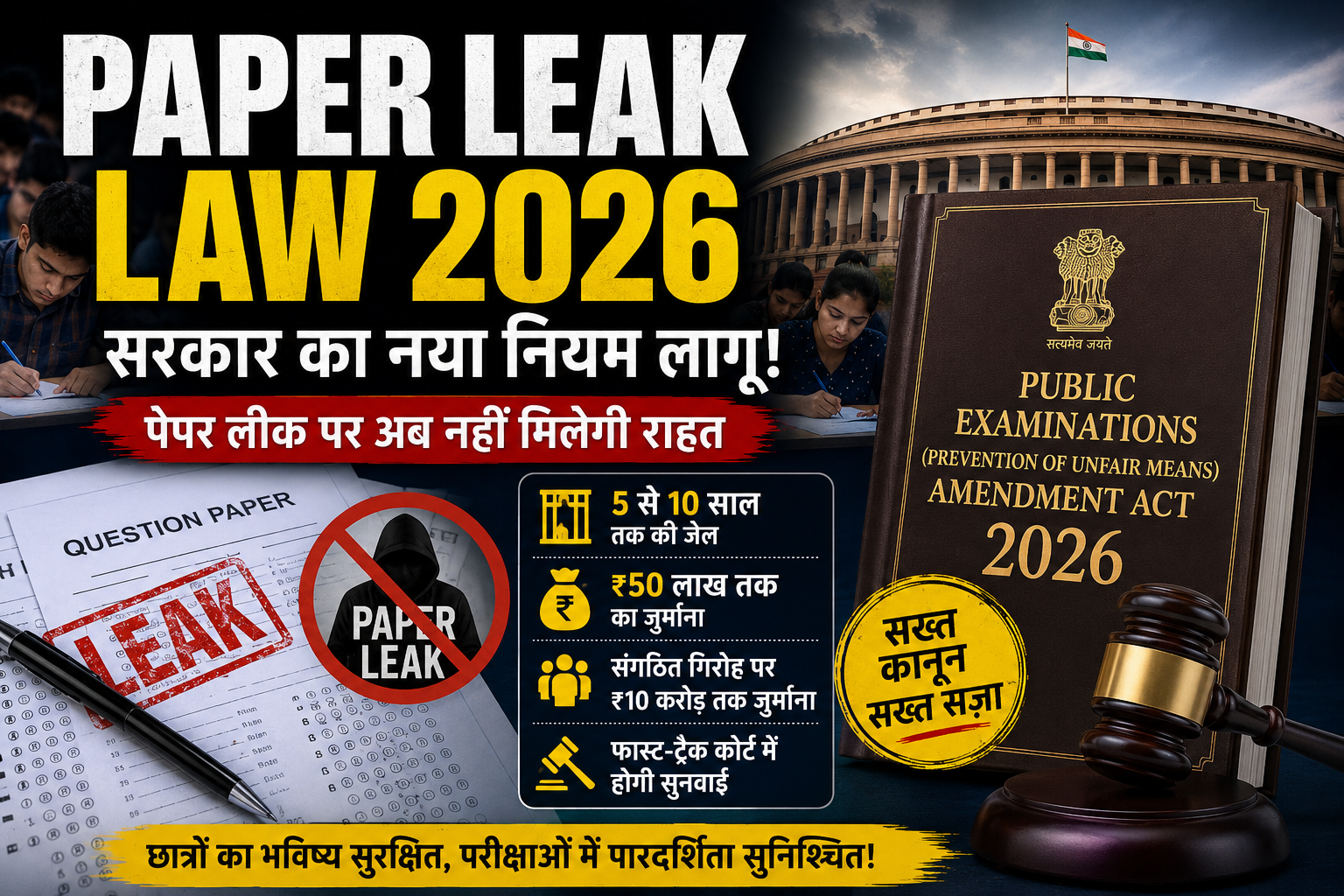 Paper Leak Law 2026 feature image highlighting the Government of India's new anti paper leak rules, stricter punishment for exam fraud, and enhanced security measures for public examinations.